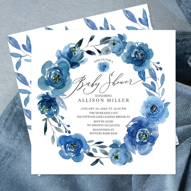 Invitation Baby shower de fleurs bleu aquarelle (Créateur téléchargé)