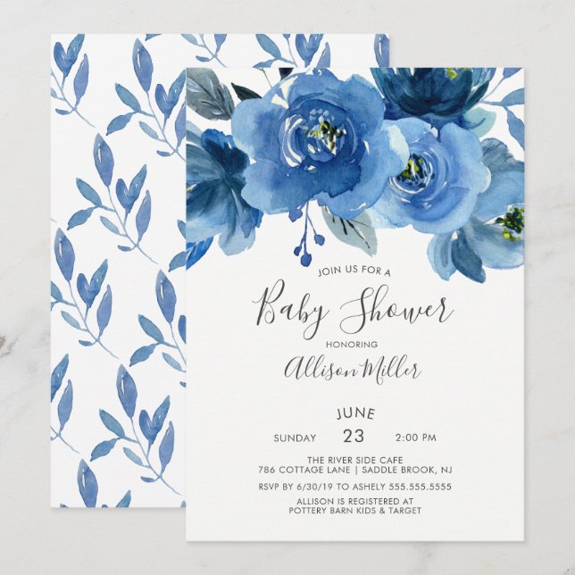 Invitation Baby shower de fleurs bleu aquarelle (Devant / Derrière)