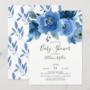 Invitation Baby shower de fleurs bleu aquarelle