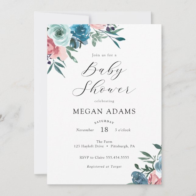 Invitation Baby shower de fleurs bleu rose et marine (Devant)