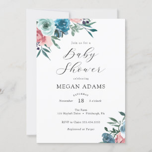 Invitation Baby shower de fleurs bleu rose et marine