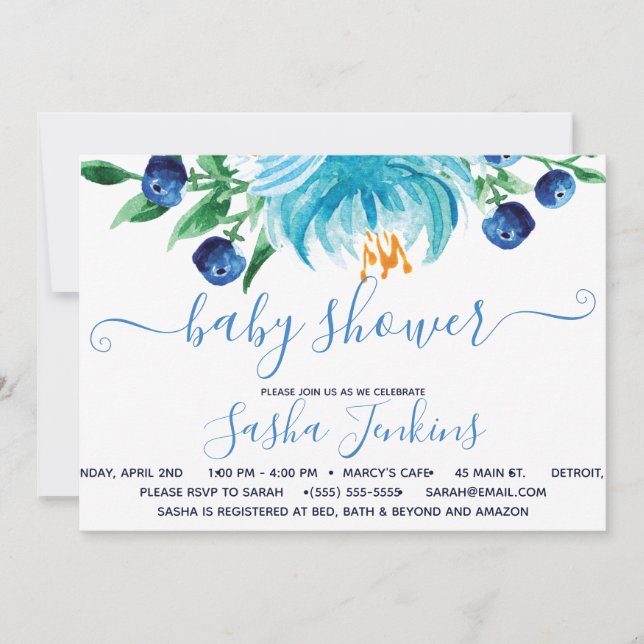 Invitation Baby shower de fleurs bleues et bleuets (Devant)