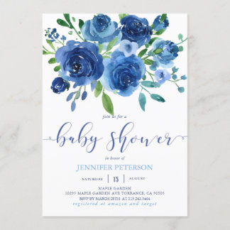 Invitation Baby shower de fleurs bleues rustiques