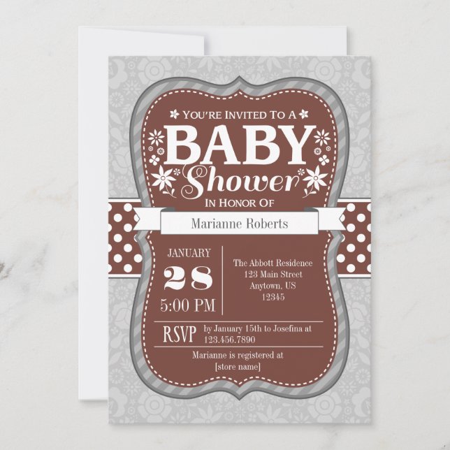 Invitation Baby shower de fleurs Brown grises (Devant)