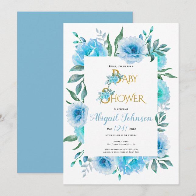 Invitation Baby shower de fleurs d'aquarelle bleu pour garçon (Devant / Derrière)