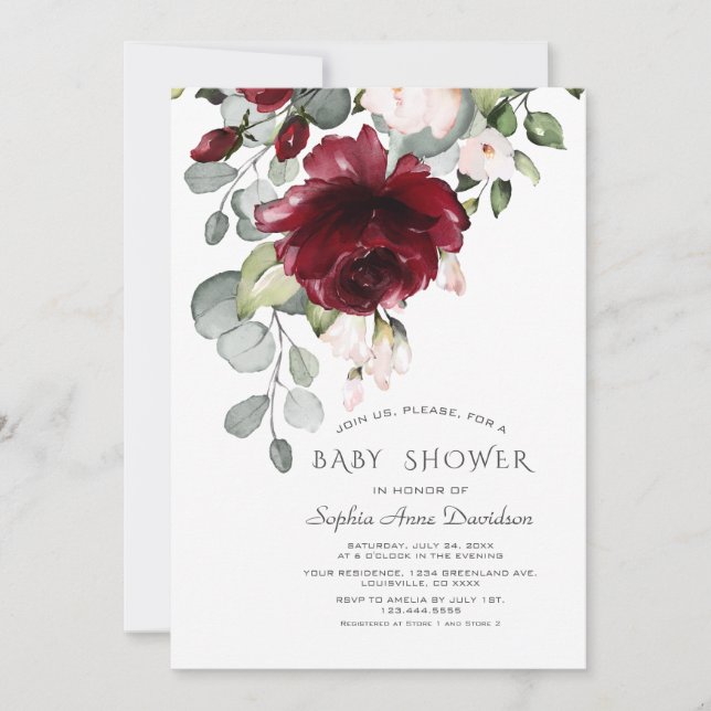 Invitation Baby shower de fleurs d'aquarelle rose bordeaux (Devant)