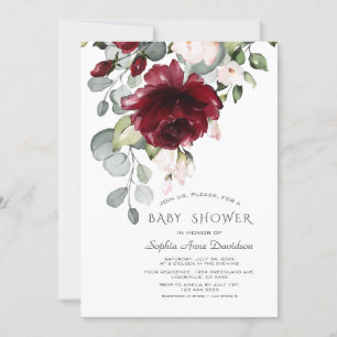 Invitation Baby shower de fleurs d'aquarelle rose bordeaux