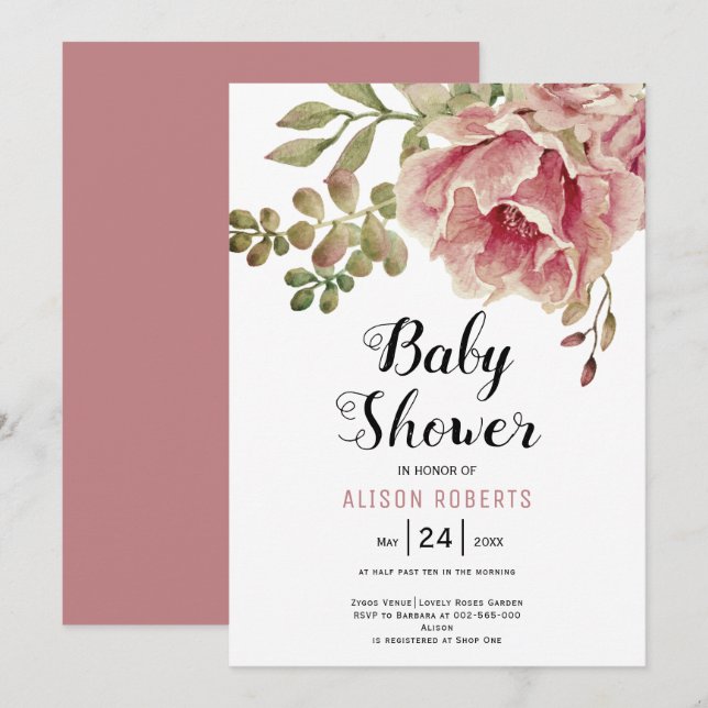 Invitation Baby shower de fleurs d'aquarelle rose rose poussi (Devant / Derrière)