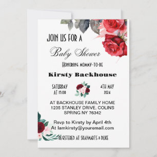 Invitation Baby shower de fleurs d'aquarelle rouge
