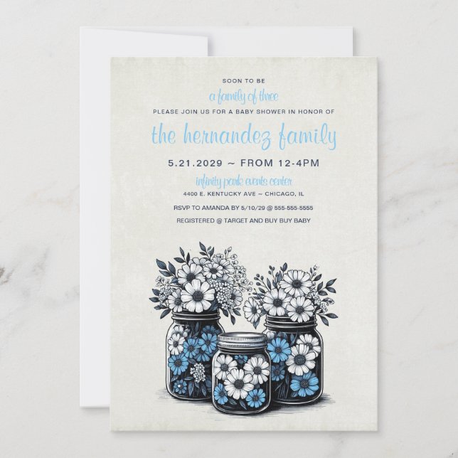 Invitation Baby shower de fleurs de bocal Mason bleu (Devant)
