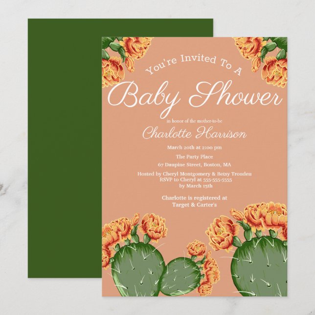 Invitation Baby shower de Fleurs de Cactus Élégant Bohème (Devant / Derrière)