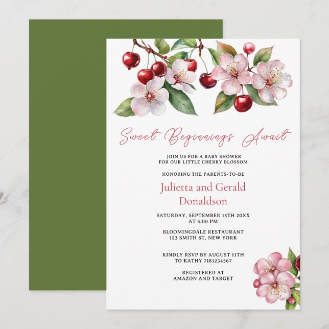 Invitation Baby shower de fleurs de cerises d'aquarelle (Devant / Derrière)