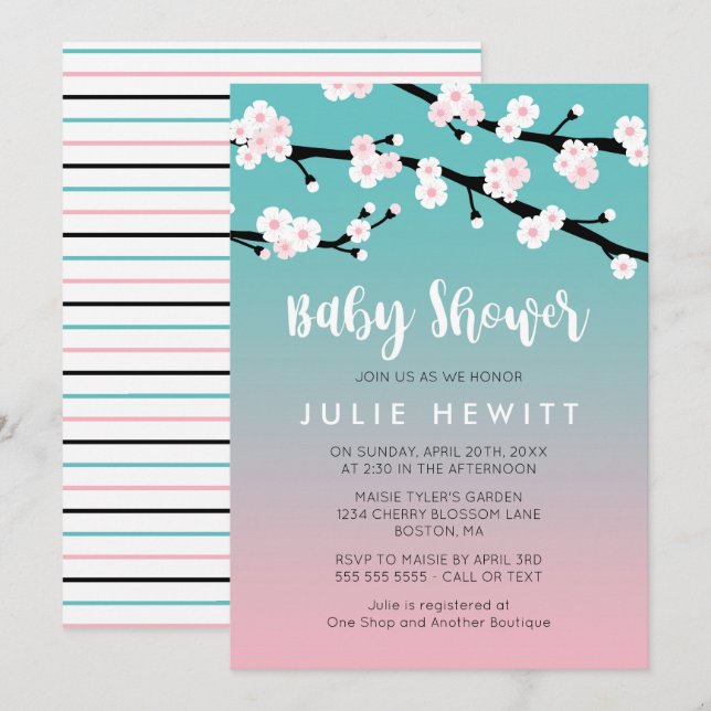 Invitation Baby shower de fleurs de cerisier (Devant / Derrière)