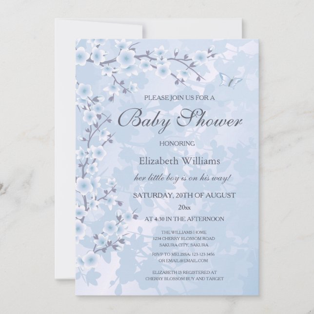 Invitation Baby shower de fleurs de cerisier bleu (Devant)