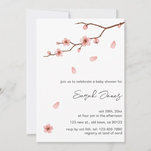 Invitation Baby shower de fleurs de cerisier rose (Devant)