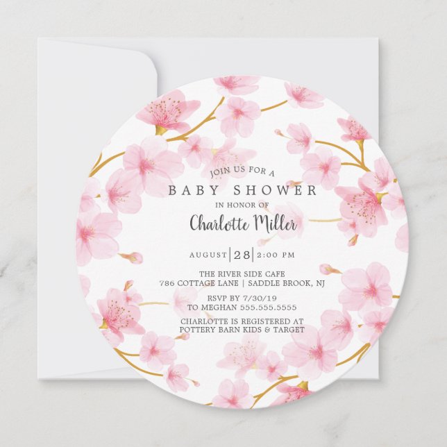 Invitation Baby shower de fleurs de cerisiers roses (Devant)
