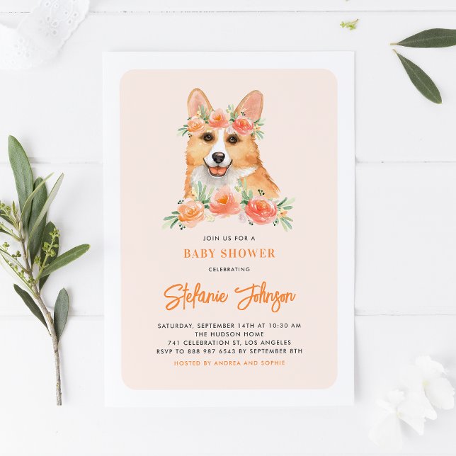 Invitation Baby shower de fleurs de corgi d'aquarelle (Créateur téléchargé)