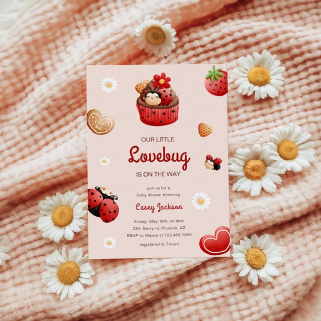 Invitation Baby shower de fleurs de cupcake de Ladybug mignon (Créateur téléchargé)