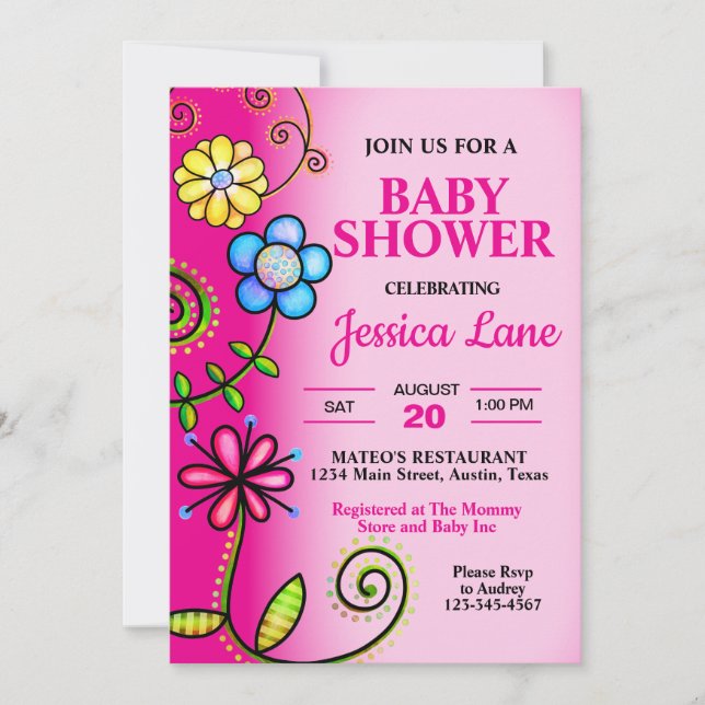 Invitation Baby shower de fleurs de gribouillis roses chaudes (Devant)