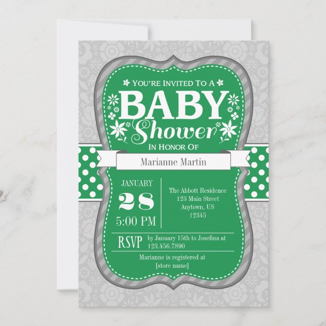 Invitation Baby shower de fleurs de gris vert (Devant)