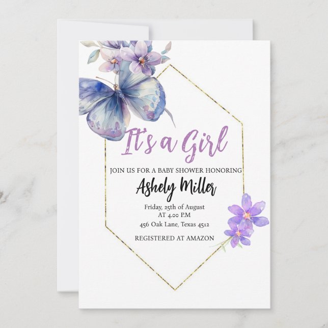 Invitation Baby shower de fleurs de papillon (Devant)