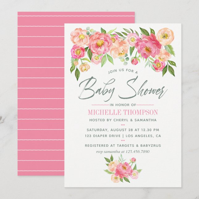 Invitation Baby shower de fleurs de pivoine (Devant / Derrière)
