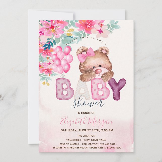 Invitation Baby shower de fleurs de printemps de l'ours en pe (Devant)