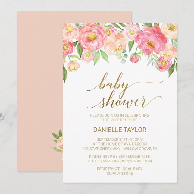 Invitation Baby shower de fleurs de tourbe rose et de poitrin (Devant / Derrière)