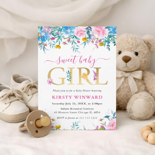 Invitation Baby shower de fleurs d'été bleu, rose et jaune