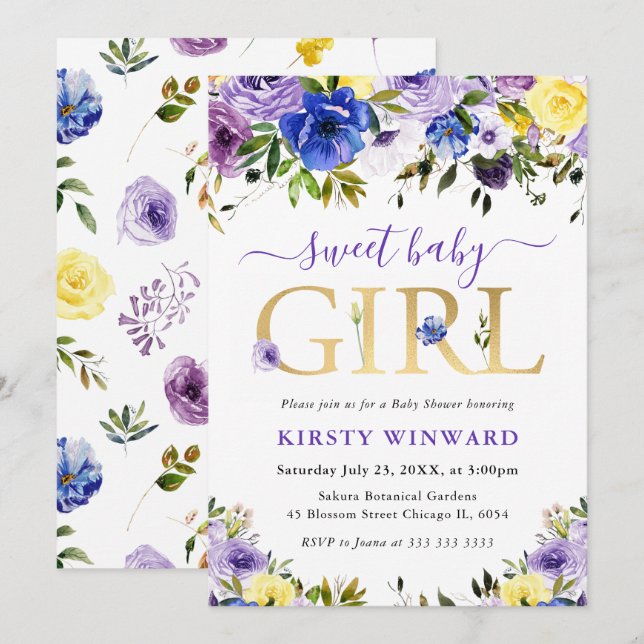 Invitation Baby shower de fleurs d'été pourpre et crème (Devant / Derrière)