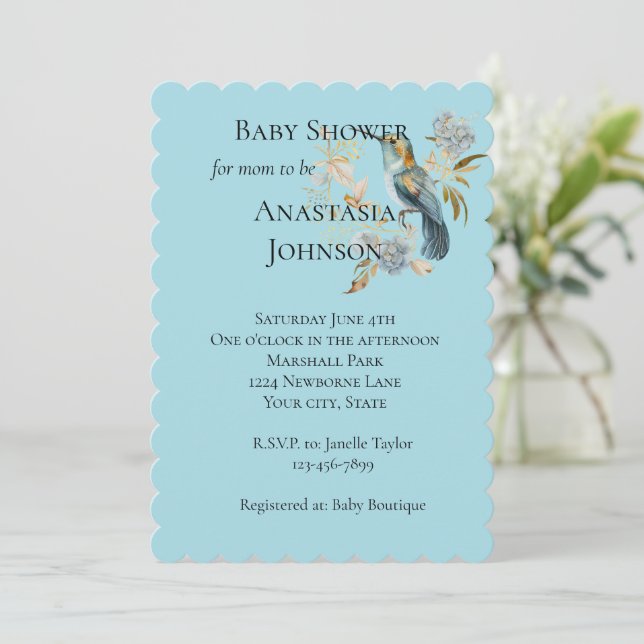 Invitation Baby shower de fleurs d'Hydrangea de colibri bleu (Debout devant)