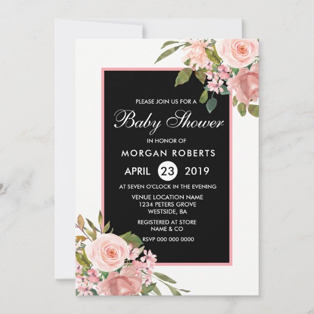 Invitation Baby shower de Fleurs d'or rose rose noire (Devant)