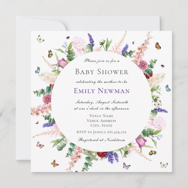 Invitation Baby shower de fleurs et papillons roses (Devant)