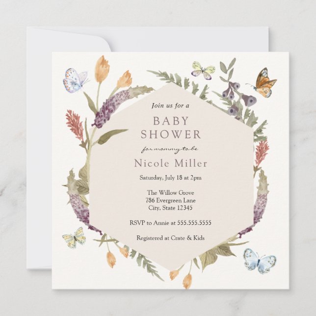 Invitation Baby shower de fleurs papillon (Devant)
