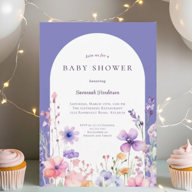 Invitation Baby shower de fleurs pourpre Fleur sauvage d'aqua (Créateur téléchargé)