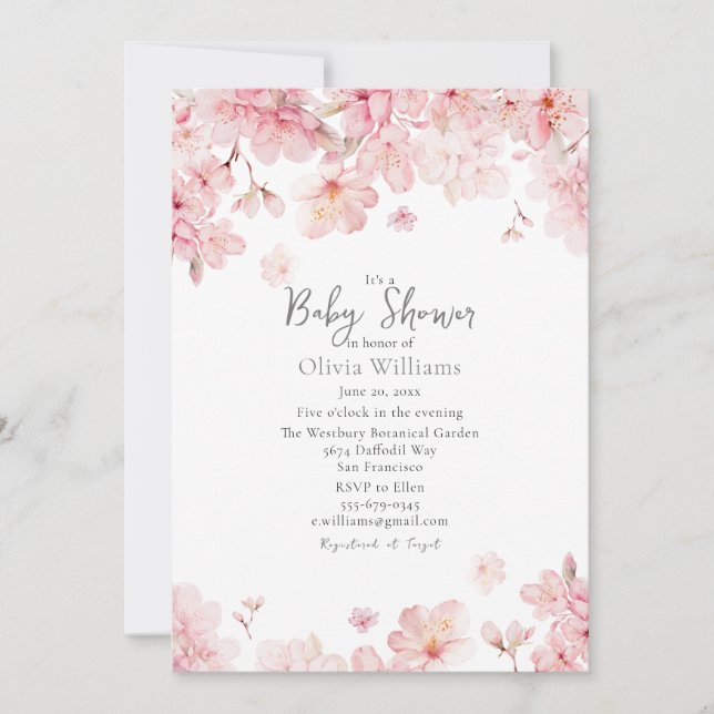 Invitation Baby shower de fleurs rose cerisier (Devant)