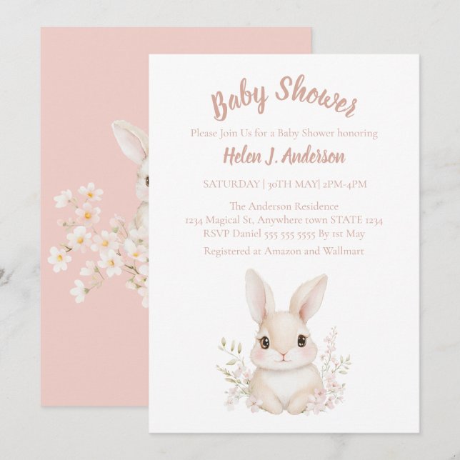 Invitation Baby shower de fleurs roses de lapin doux (Devant / Derrière)