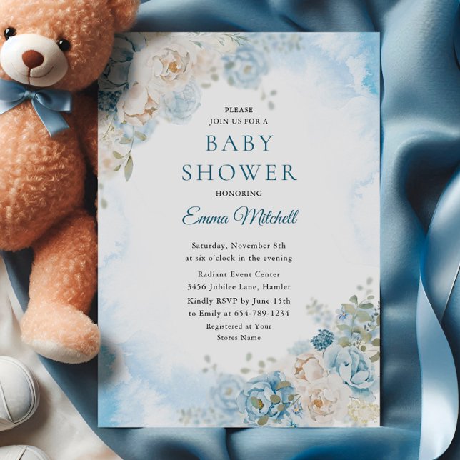 Invitation Baby shower de fleurs Roses en bleu de Bohême (Créateur téléchargé)