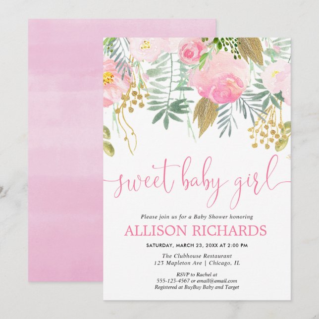 Invitation baby shower de fleurs roses et dorées de petite fi (Devant / Derrière)