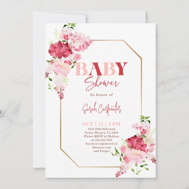 Invitation Baby shower de fleurs rouge et rose (Devant)