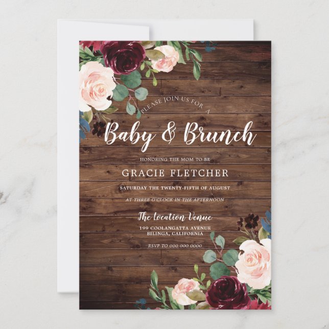 Invitation Baby shower de fleurs rousses et bordeaux rustique (Devant)