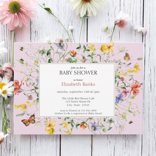 Invitation Baby shower de Fleurs sauvages, abeilles et papill (Créateur téléchargé)