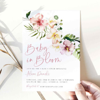 Invitation Baby shower de fleurs tropicales, bébé en fleur