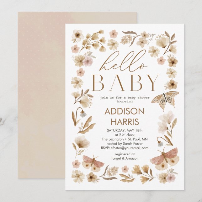 Invitation Baby shower de fleurs vintages (Devant / Derrière)
