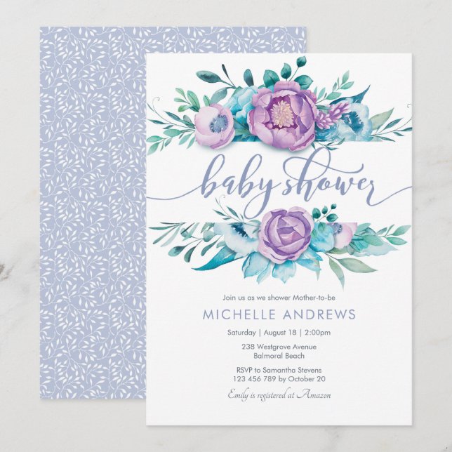 Invitation Baby shower de fleurs violettes (Devant / Derrière)