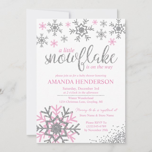 Invitation Baby shower de flocons de neige rose hiver (Devant)