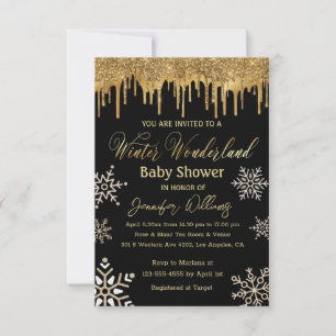 Invitation baby shower de flocons d'or d'hiver de l'île des m