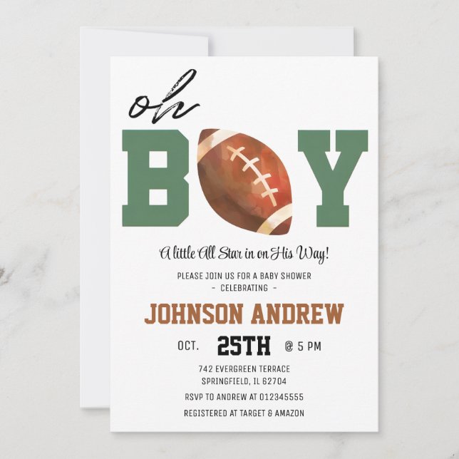 Invitation Baby shower de football américain (Devant)