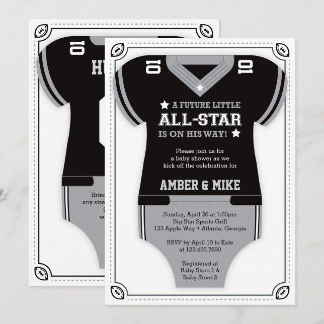 Invitation Baby shower de football Invitation, noir, gris (Devant / Derrière)