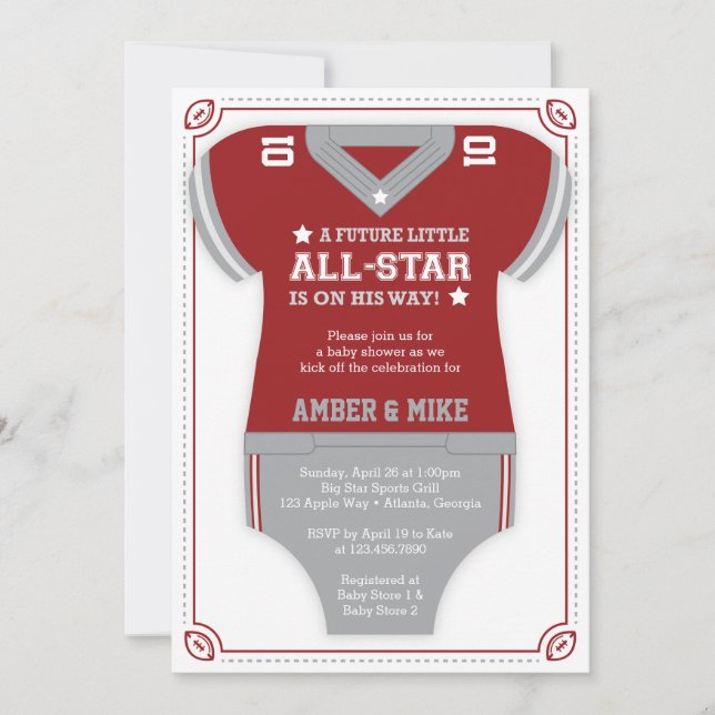 Invitation Baby shower de football Invitation, rouge, gris (Devant)